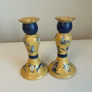 Vintage Kinder-Harris Yellow And Blue Butterfly Crackle Candlestick 6.5”